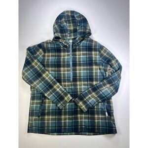 O'Neill Fleece Hoodie Mens XL Blue Green Plaid Quarter Zip Pullover Jacket